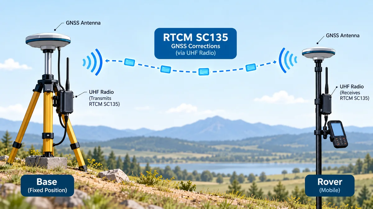 A fixed GNSS base station sends RTCM SC135 corrections over UHF radio to a mobile rover.